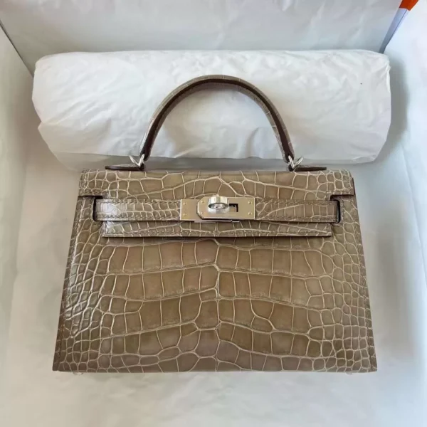 mmexport1708142300771-jpg DDMode Mini Kelly Shiny Alligator Ck18 Etoupe Grey Silver Hardware 19cm Full Handmade Phw