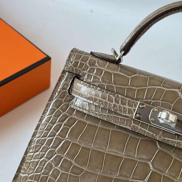 mmexport1708142305964 DDMode Mini Kelly Shiny Alligator Ck18 Etoupe Grey Silver Hardware 19cm Full Handmade Phw