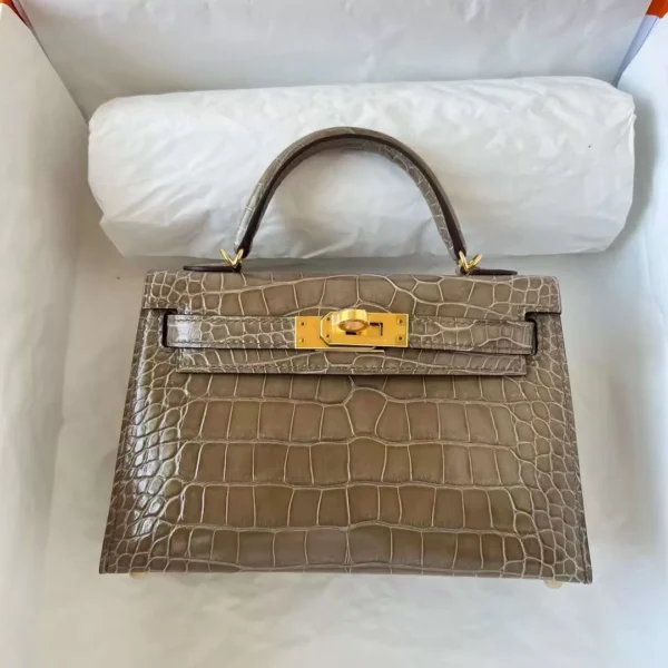 mmexport1708142332099-jpg DDMode Mini Kelly Shiny Alligator Ck18 Etoupe Grey Gold Hardware 19cm Full Handmade Ghw