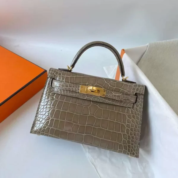 mmexport1708142333646-jpg DDMode Mini Kelly Shiny Alligator Ck18 Etoupe Grey Gold Hardware 19cm Full Handmade Ghw