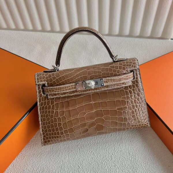mmexport1718505104391-1 DDMode Mini Kelly Shiny Alligator Crocodile Ck17 Tobacco brown Silver Hardware 19cm Full Handmade Phw