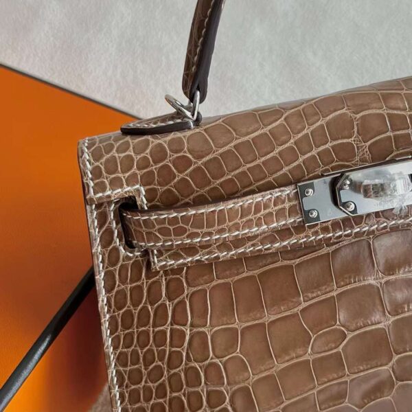 mmexport1718505105749 DDMode Mini Kelly Shiny Alligator Crocodile Ck17 Tobacco brown Silver Hardware 19cm Full Handmade Phw