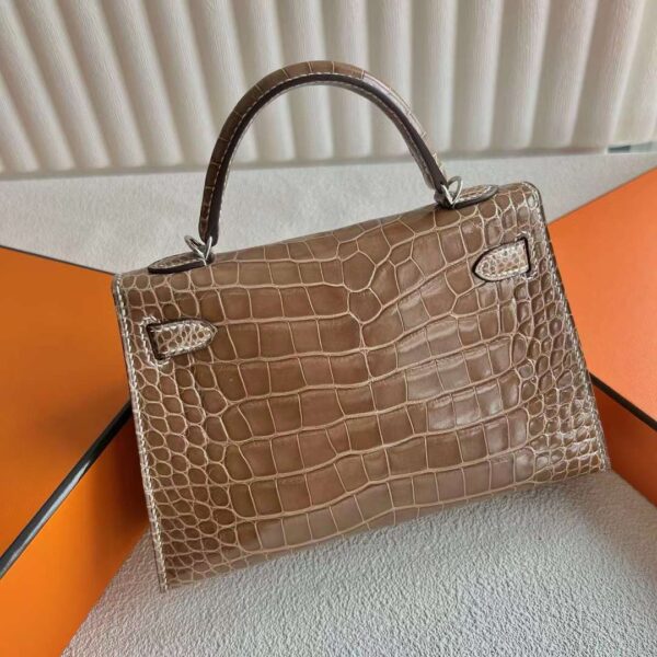 mmexport1718505108686 DDMode Mini Kelly Shiny Alligator Crocodile Ck17 Tobacco brown Silver Hardware 19cm Full Handmade Phw