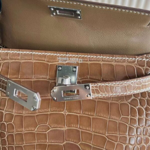 mmexport1718505111743 DDMode Mini Kelly Shiny Alligator Crocodile Ck17 Tobacco brown Silver Hardware 19cm Full Handmade Phw