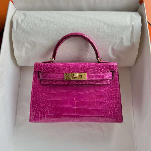 mmexport1718505128683 DDMode Mini Kelly Shiny Alligator Crocodile J5 Deep Rose Pink Gold Hardware 19cm Full Handmade Ghw