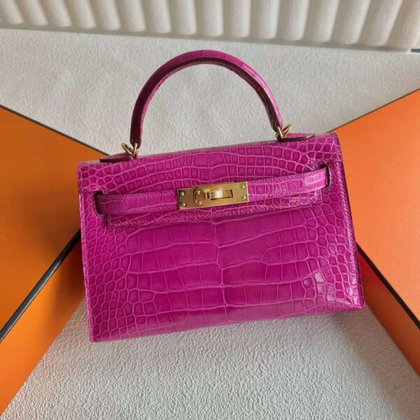 mmexport1718505130058-1 DDMode Mini Kelly Shiny Alligator Crocodile J5 Deep Rose Pink Gold Hardware 19cm Full Handmade Ghw