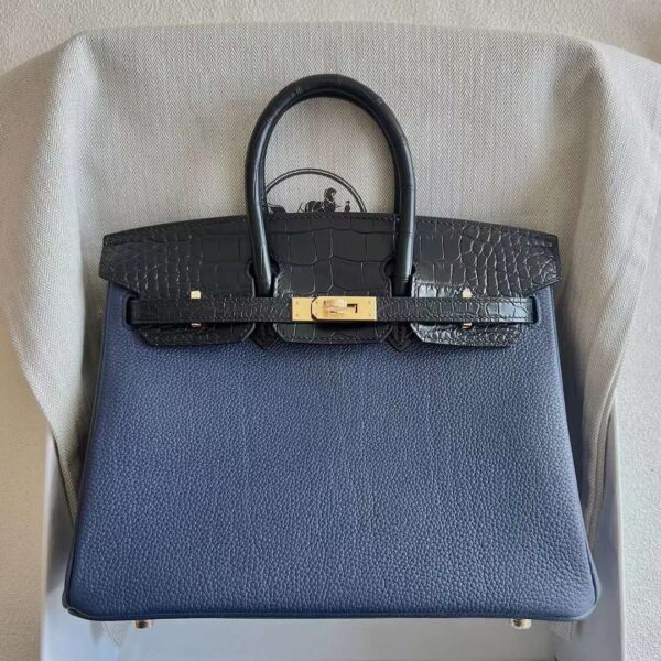 mmexport1726794745950 DDMode Birkin Touch Togo & Shiny Alligator Crocodile 7U Deep Blue & Black Gold Hardware 25cm Full Handmade Ghw