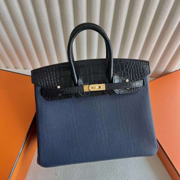 mmexport1726794749073-1 DDMode Birkin Touch Togo & Shiny Alligator Crocodile 7U Deep Blue & Black Gold Hardware 25cm Full Handmade Ghw