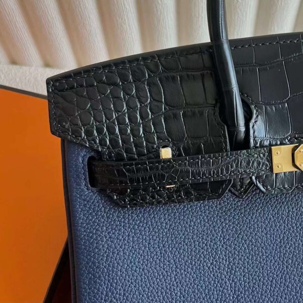 mmexport1726794750502 DDMode Birkin Touch Togo & Shiny Alligator Crocodile 7U Deep Blue & Black Gold Hardware 25cm Full Handmade Ghw