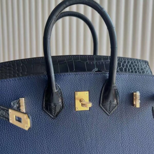 mmexport1726794756997 DDMode Birkin Touch Togo & Shiny Alligator Crocodile 7U Deep Blue & Black Gold Hardware 25cm Full Handmade Ghw