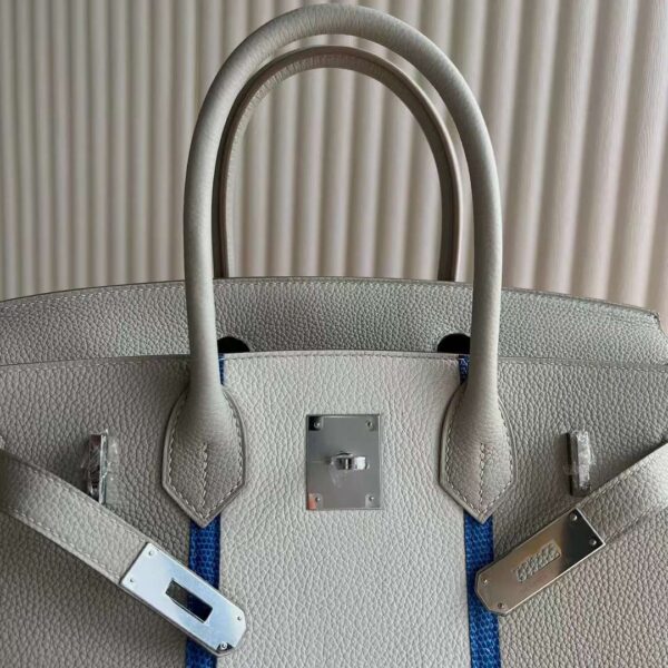 mmexport1729215211284 DDMode Birkin Togo Ck80 Pearl Grey & 01 White & 7Q Blue Silver Hardware 30cm Full Handmade Phw