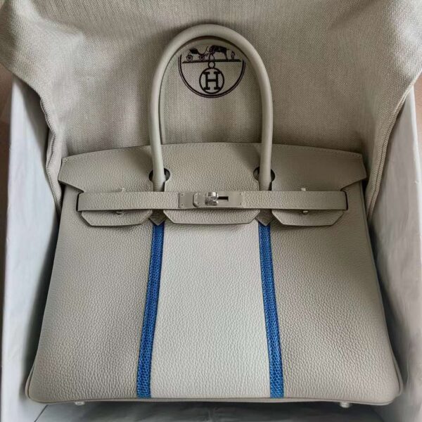 mmexport1729215227180 DDMode Birkin Togo Ck80 Pearl Grey & 01 White & 7Q Blue Silver Hardware 30cm Full Handmade Phw