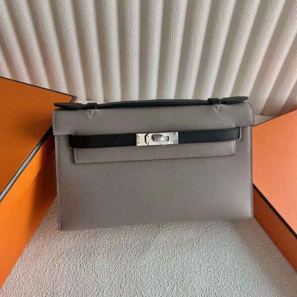 mmexport1730041899632 DDMode Bags Mini Kelly Pochette Swift M8 Grey & Ck89 Black Silver Hardware 22cm Full Handmade Phw