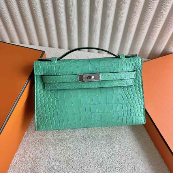 mmexport1730644147915-1-1 DDMode Mini Kelly pochette Matte Alligator Crocodile 6W Mint green Silver Hardware 22cm Full Handmade Phw