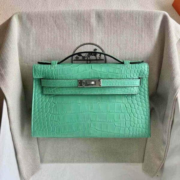 mmexport1730644160445-1 DDMode Mini Kelly pochette Matte Alligator Crocodile 6W Mint green Silver Hardware 22cm Full Handmade Phw
