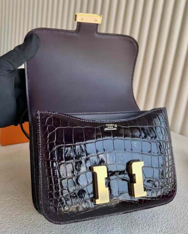 mmexport1730645466162 DDMode Constance Shiny Alligator Crocodile 3V Ink violet Gold Hardware 18cm Full Handmade Ghw