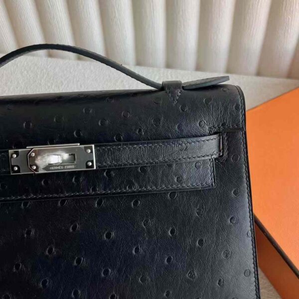 mmexport1732593836373 DDMode Mini Kelly Pochette Ostrich Leather Ck89 Black Silver Hardware 22cm Full Handmade
