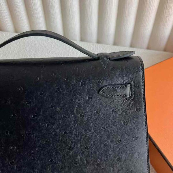 mmexport1732593842275 DDMode Mini Kelly Pochette Ostrich Leather Ck89 Black Silver Hardware 22cm Full Handmade