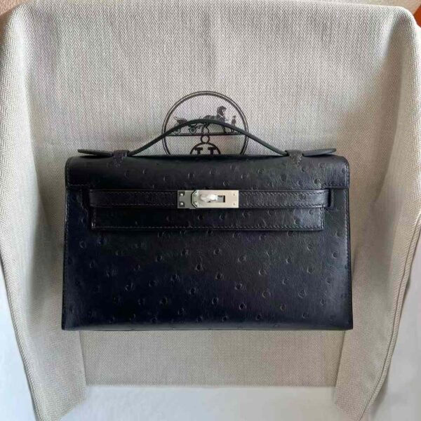 mmexport1732593850503 DDMode Mini Kelly Pochette Ostrich Leather Ck89 Black Silver Hardware 22cm Full Handmade