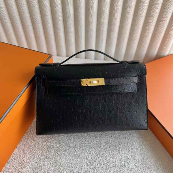 mmexport1732593893222 DDMode Mini Kelly Pochette Ostrich Leather Ck89 Black Gold Hardware 22cm Full Handmade