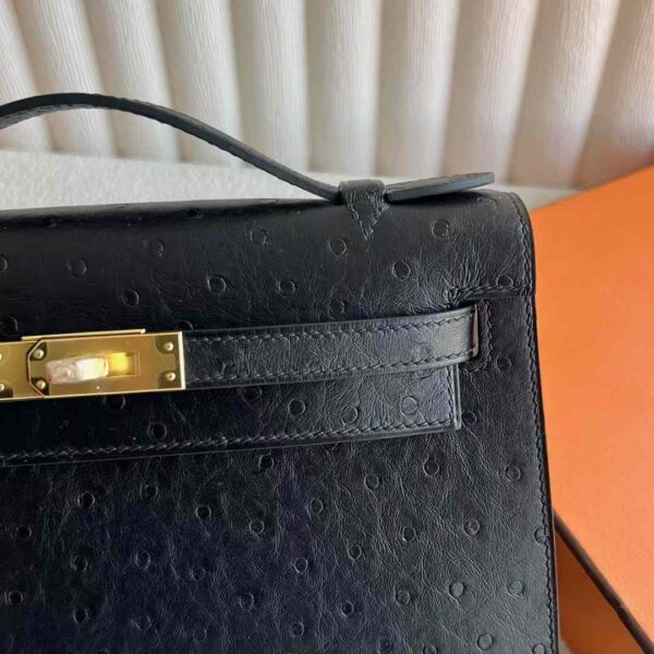 mmexport1732593895594 DDMode Mini Kelly Pochette Ostrich Leather Ck89 Black Gold Hardware 22cm Full Handmade