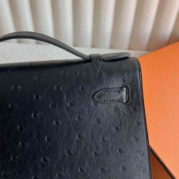 mmexport1732593899601 DDMode Mini Kelly Pochette Ostrich Leather Ck89 Black Gold Hardware 22cm Full Handmade
