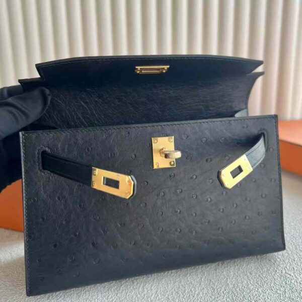 mmexport1732593902453 DDMode Mini Kelly Pochette Ostrich Leather Ck89 Black Gold Hardware 22cm Full Handmade