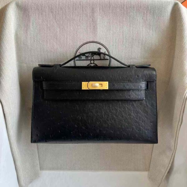 mmexport1732593909694 DDMode Mini Kelly Pochette Ostrich Leather Ck89 Black Gold Hardware 22cm Full Handmade