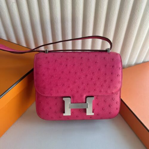 DDMode Bags Constance Ostrich Leather E5 Rose Pink Silver Hardware 18cm Full Handmade Phw