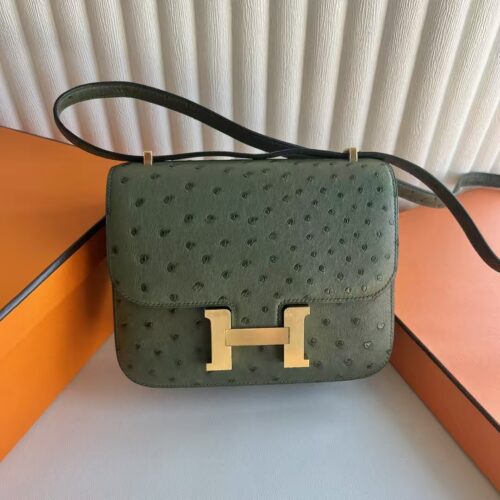 DDMode Bags Constance Ostrich Leather V6 Jungle green Gold Hardware 18cm Full Handmade Ghw