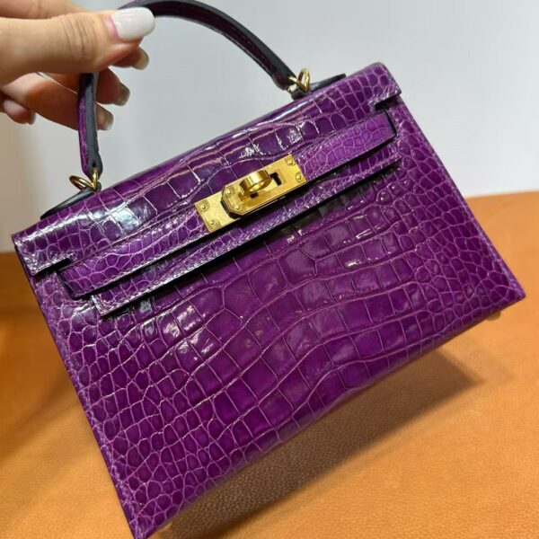 mmexport1740448842737 DDMode Mini Kelly Shiny Alligator Crocodile N5 gallon purple Gold Hardware 19cm Full Handmade Ghw