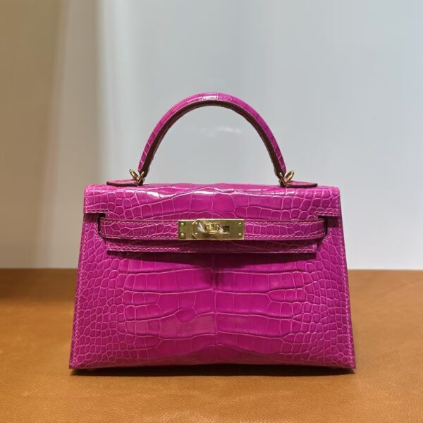 mmexport1740448893389 DDMode Mini Kelly Shiny Alligator Crocodile J5 Rose Purple Pink Gold Hardware 19cm Full Handmade Ghw