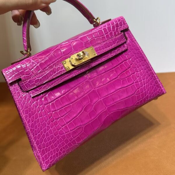 mmexport1740448899158 DDMode Mini Kelly Shiny Alligator Crocodile J5 Rose Purple Pink Gold Hardware 19cm Full Handmade Ghw