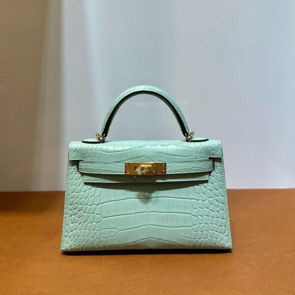 mmexport1740449064560-1 DDMode Mini Kelly Matte Alligator Crocodile 6u new Mint green Gold Hardware 19cm Full Handmade Ghw