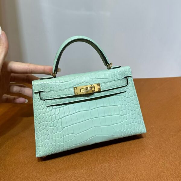 mmexport1740449067485 DDMode Mini Kelly Matte Alligator Crocodile 6u new Mint green Gold Hardware 19cm Full Handmade Ghw