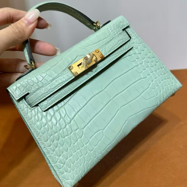 mmexport1740449069021 DDMode Mini Kelly Matte Alligator Crocodile 6u new Mint green Gold Hardware 19cm Full Handmade Ghw