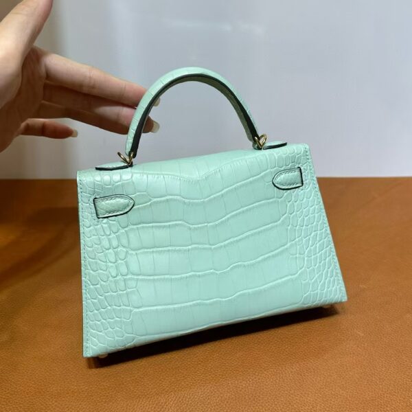 mmexport1740449072047 DDMode Mini Kelly Matte Alligator Crocodile 6u new Mint green Gold Hardware 19cm Full Handmade Ghw