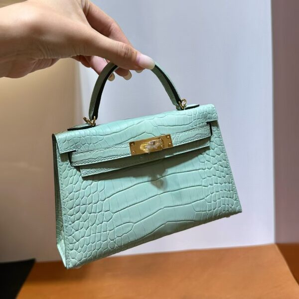 mmexport1740449078422 DDMode Mini Kelly Matte Alligator Crocodile 6u new Mint green Gold Hardware 19cm Full Handmade Ghw